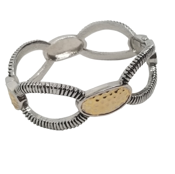 SILVER & GOLDTONE DESIGNER INSPIRED CLAMPER BRACELET - Picture 7 of 7